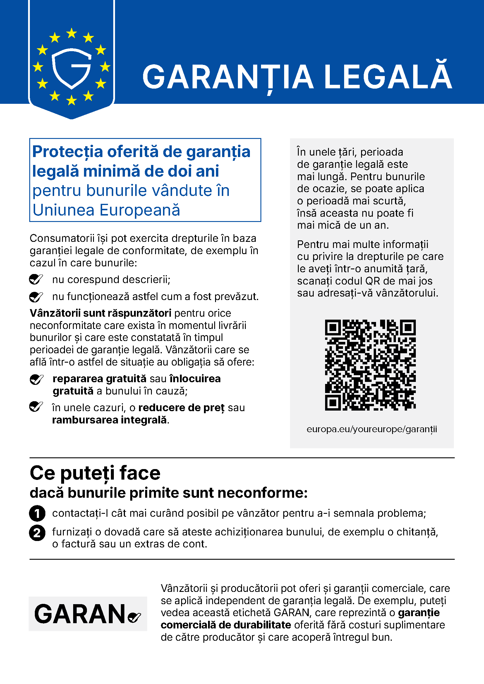 Notificarea UE privind garanția legală de conformitate